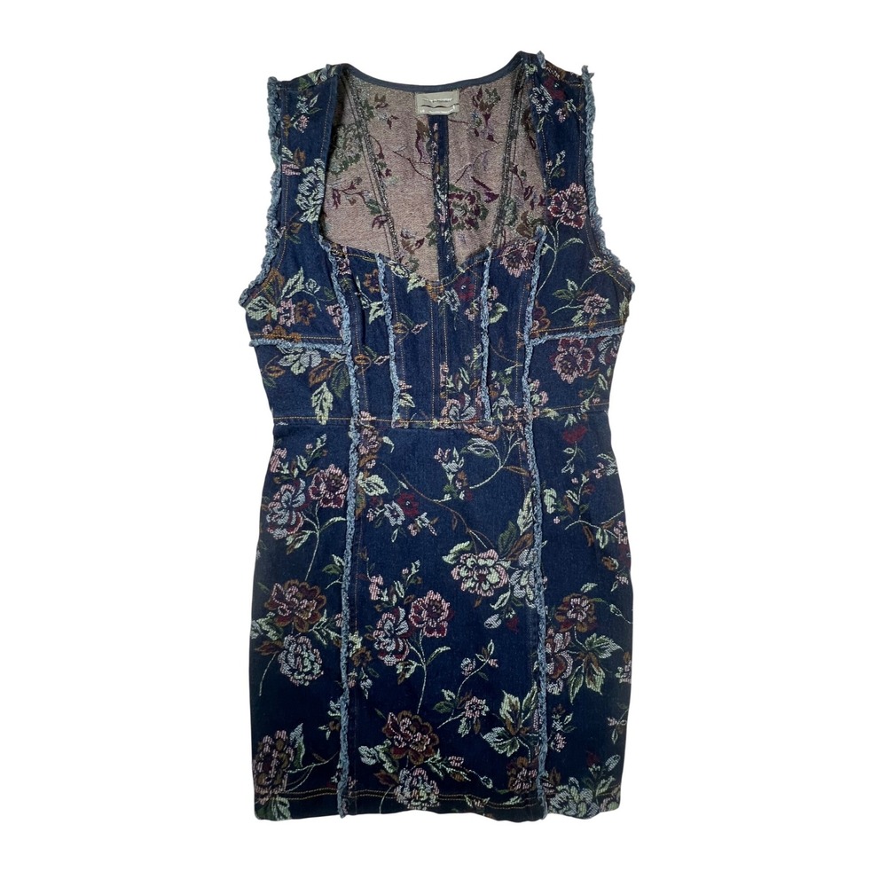 Urban Outfitters Floral Tapestry‎ Mini Dress Navy Blue Corset Fringe L Coquette